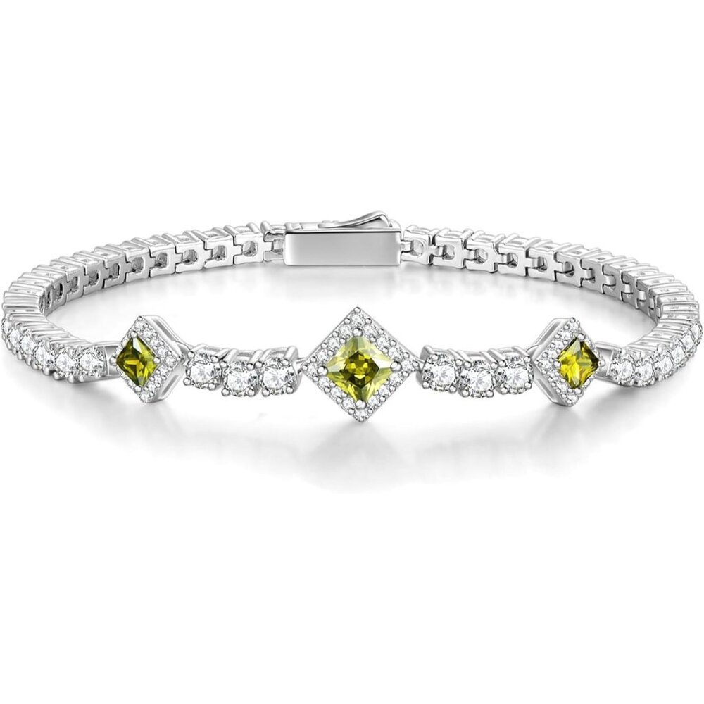 Birthstone 4mm Sterling Silver Tennis Square Gemstone Bracelet - 08-Peridot